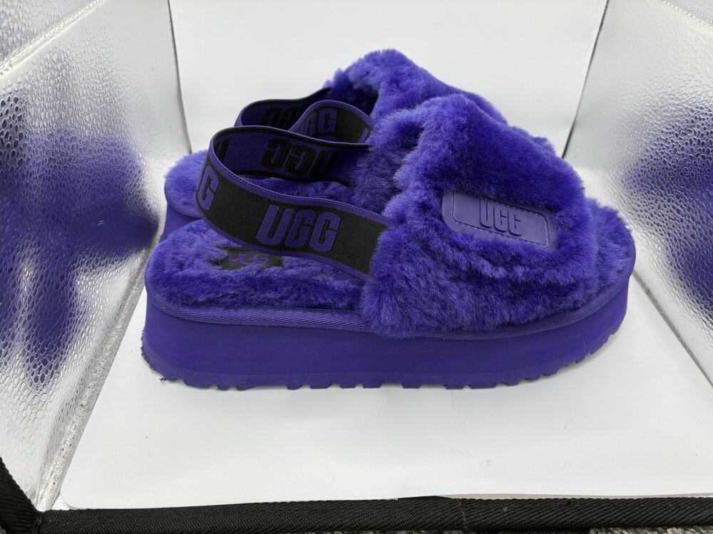 UGG Womens 7 Purple UGGplush Platform Slide Slippers Logo Strap Fuzzy Sandals